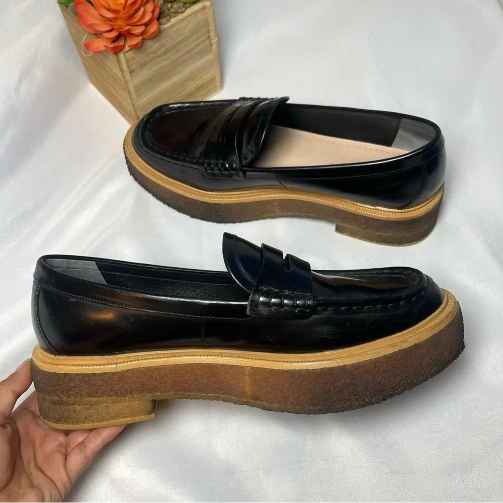 Loeffler Randall Sleek Black Loafers with Tan Platform Sole